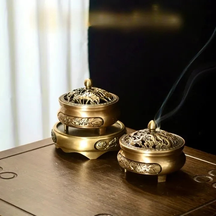 Lư đồng hương đạo chuyên nhang vòng Đỉnh Đốt Nhang, Mẫu Long Phụng, có đế, Thiết Kế Tinh Xảo