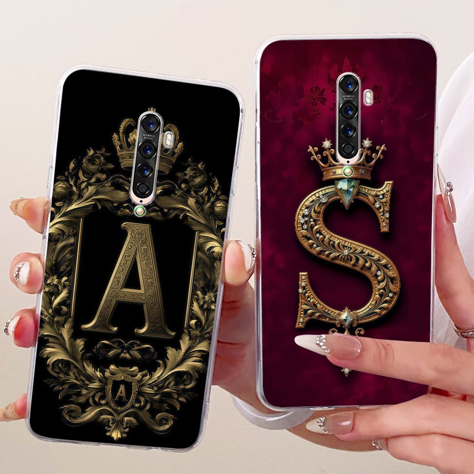 Ốp lưng Oppo Reno2 CPH2577 Trong suốt sang trọng Vương miện A-Z Chữ cái 2D Họa tiết phẳng Vỏ điện thoại mềm Oppo Reno 2