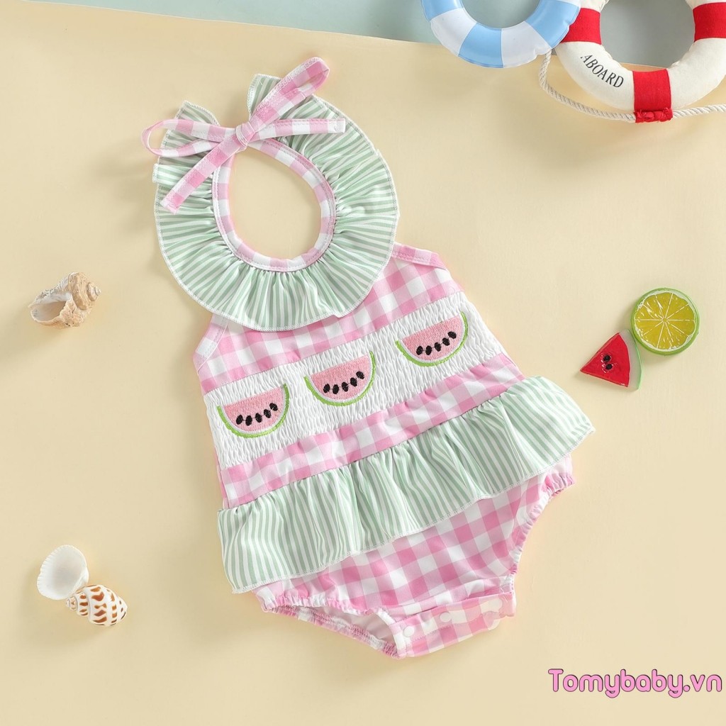 Bộ đồ bơi bé gái Kẻ sọc dưa hấu thêu dây buộc không tay Bộ đồ tắm xếp nếp