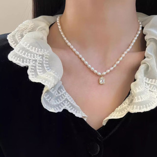 Vòng cổ ngọc trai & dây chuyền kim cương vuông, phong cách retro đơn giản dành cho phụ nữ