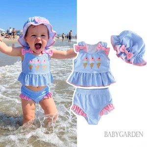 Bé Gái 3 Bộ Bikini In Kem Tank Top Với Quần Short Sọc Và Mũ Đồ Bơi Cho Đi Biển Mùa Hè Tắm