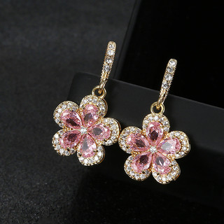 Dây chuyền thép titan thời trang với hoạ tiết cánh hoa khảm zircon nhỏ và bộ bông tai hoa anh đào
