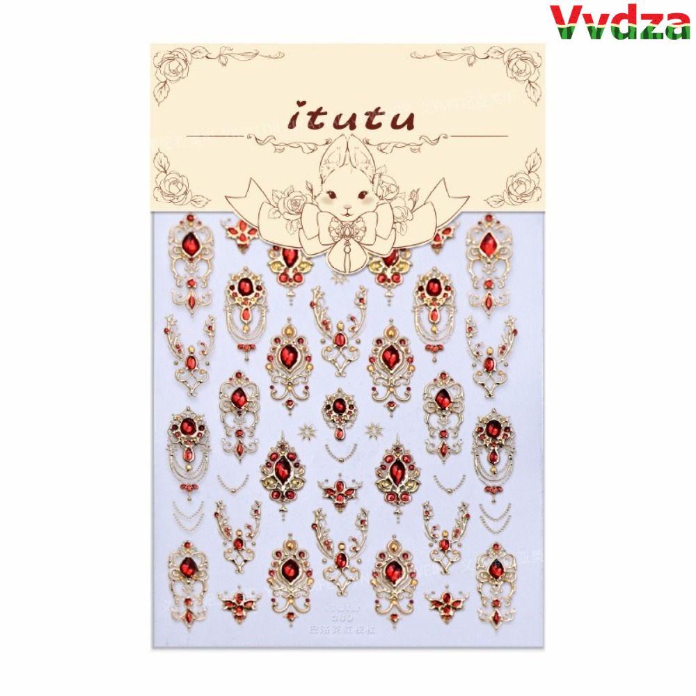 VVDZA 5D Dán Móng Tay, Thiết Kế Sang Trọng Ngọc Lục Bảo Màu Ruby Baroque Scepter Nail, Phong Cách Đỏ Đá Quý Xanh Đá Quý Vàng Scepter Shiny Giả Đá Quý Móng Tay Xmas Nail