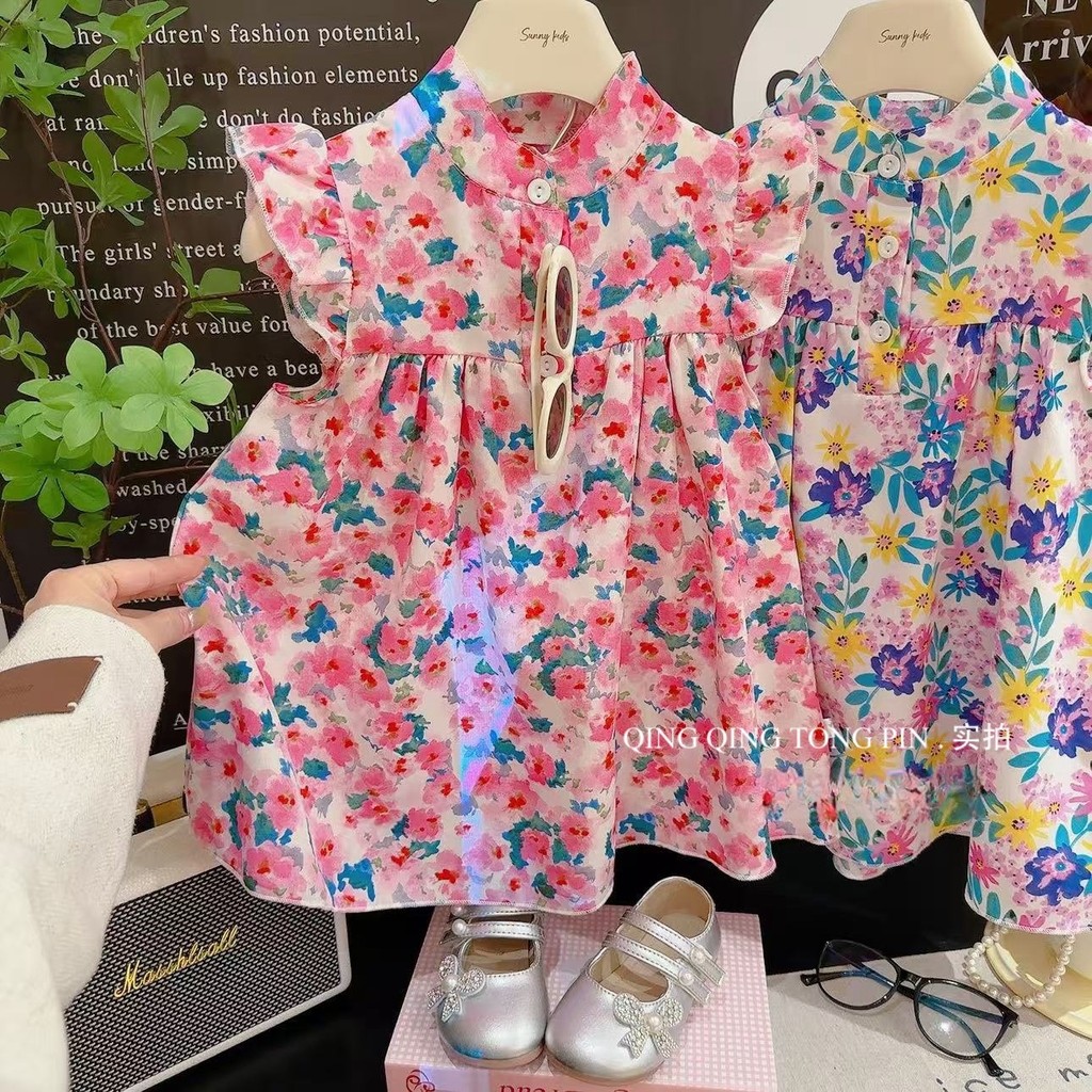 Váy bé gái viền chữ A hoa mùa hè 80-160 Size 5VBG