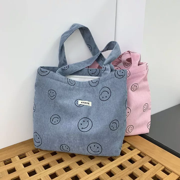 Túi tote vải nhung nụ cười Túi tote vải nhung Túi tote vải nhung Túi đựng đồ ăn trưa Túi đựng sức chứa lớn Túi vải dệt Túi vải Dây kéo Túi thông thường Túi vuôn – 6