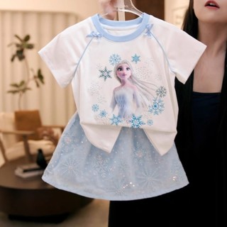 (1-10Yrs) Bộ Đồ Chơi Công Chúa Cho Bé Gái Mùa Hè Ma Thuật Elsa Frozen Trang Phục Tay Ngắn & Váy 2 Mảnh