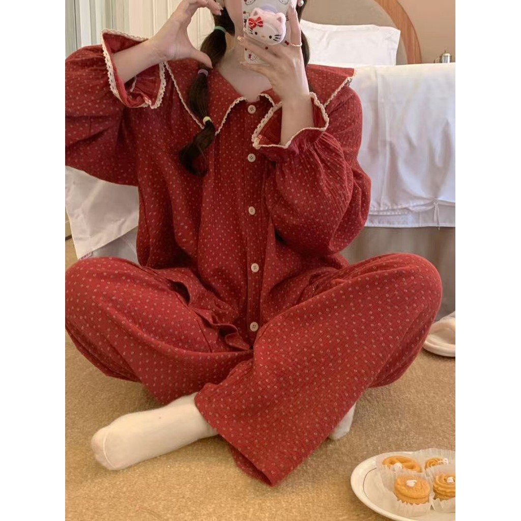 Phong Cách Hàn Quốc Đỏ Nhỏ Hoa Dài Tay Quần Bộ Đồ Ngủ Nữ Xuân Thu Đông Rời Ren Loungewear Phù Hợp Với