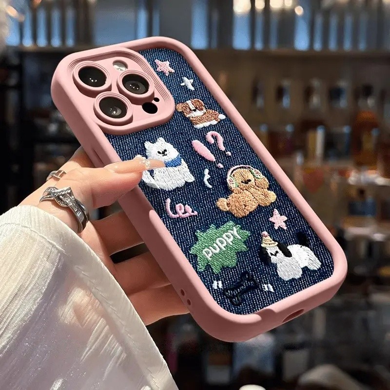 Ốp lưng Iphone Mẫu chó có hiệu ứng thêu cho iPhone 12 13 14 16 15 11  pro max plus 7 xr xs