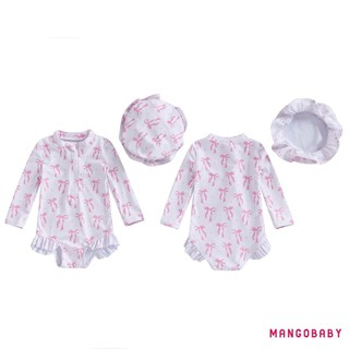 MG-Girls Rash Guard Đồ bơi Áo liền quần dài tay cổ chữ O In nơ Bộ đồ tắm đi biển Áo liền quần có mũ