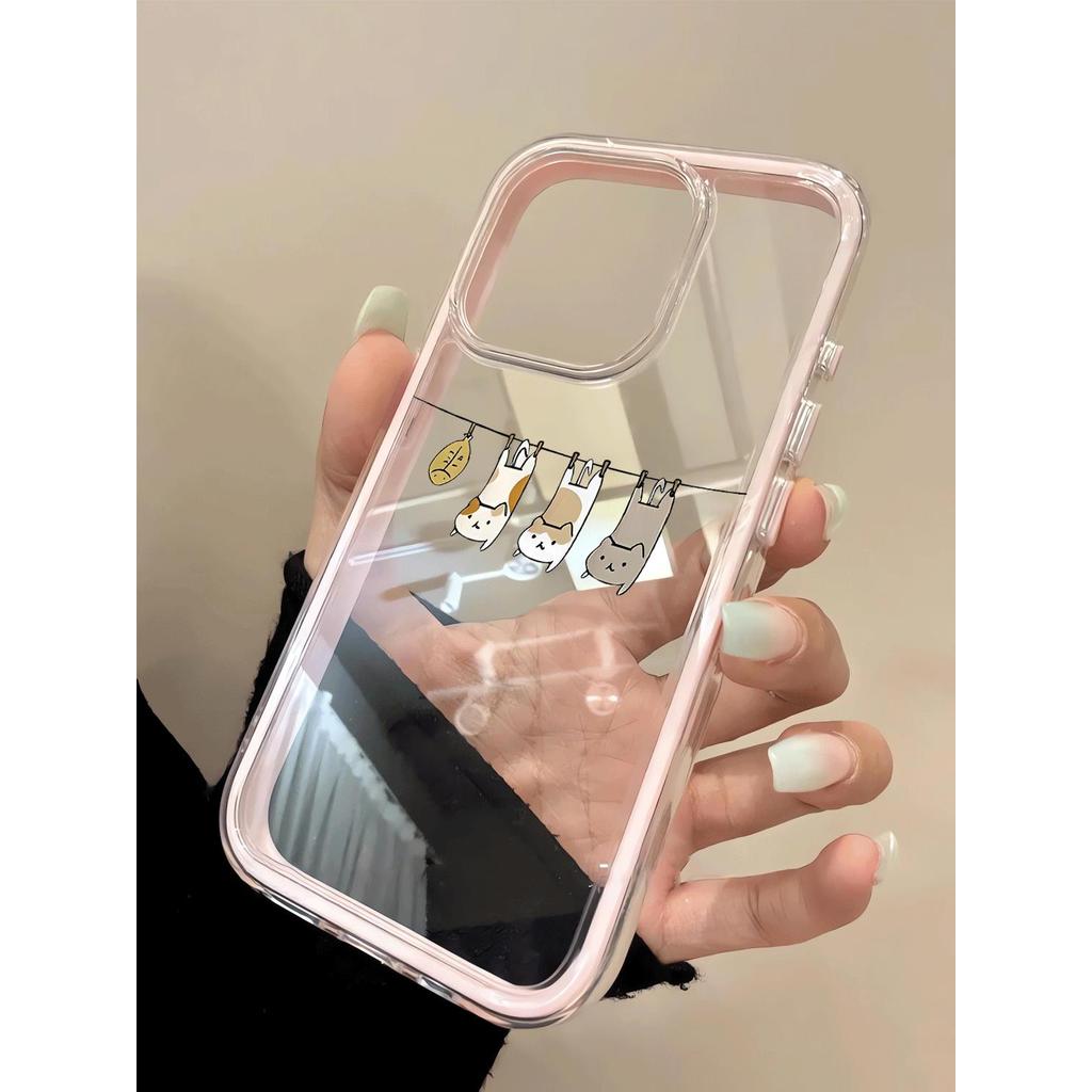 Mèo con trên dây phơi quần áo cho 16 trường hợp iPhone 17Air 3 trong 1 bezel 14 13 11Pro