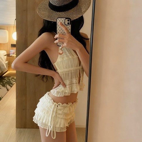 Cổ tích đồ bơi ba mảnh bikini nữ, màu trắng, phù hợp cho mùa xuân và kỳ nghỉ