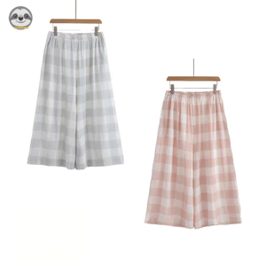 Quần gạc hai lớp phong cách Nhật Bản Muji, chất liệu cotton nguyên chất, thiết kế kẻ sọc rộng có túi, phù hợp mùa xuân và thu.