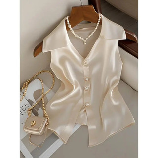 Áo sơ mi voan satin kích thước lớn, phong cách cổ chữ V ngọt ngào không tay, chất liệu satin thoáng mát phù hợp mùa xuân và thu