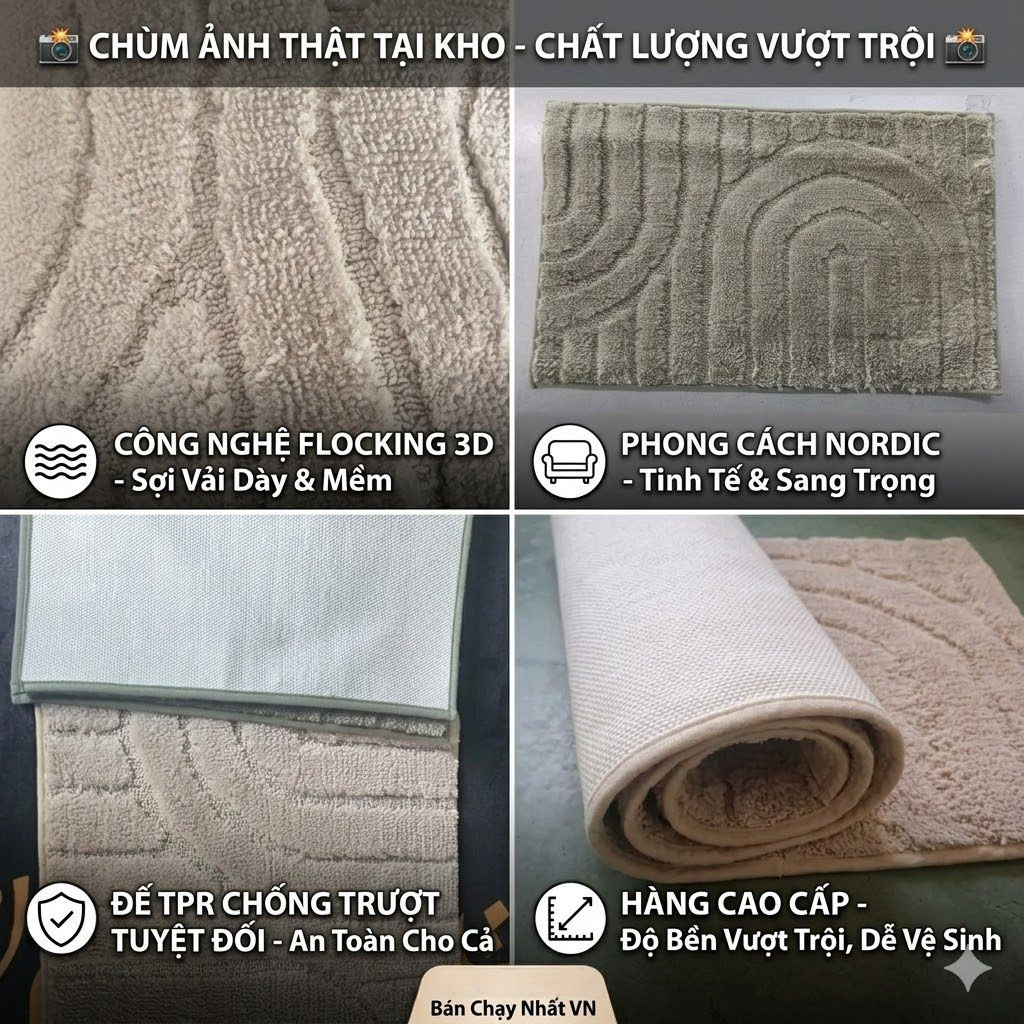 [Nordic Style] Thảm Lau Chân Nhà Tắm Lông Tuyết Flocking Siêu Thấm Hút - Thảm Chống Trượt 3D Dày Dặn Decor Cửa Ra Vào Phòng Ngủ - Morandi Grey