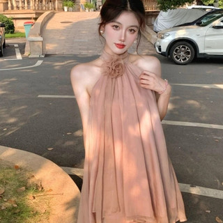 Hoa Ba Chiều Màu Cam Tính Khí Voan Ngắn Tay Cổ Dây Đầm quây Bé Gái Pháp Ngọt Ngào Phong Cách Nhẹ Nhàng Ngọt Ngào Váy Ngắn Cổ Tích