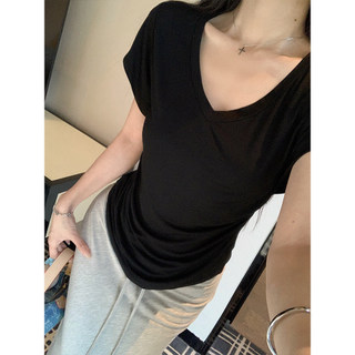 Áo thun nữ cổ chữ V tay ngắn 2026 mới rộng rãi suông thoáng mát hàng ngày Beige Đen Hồng Xám