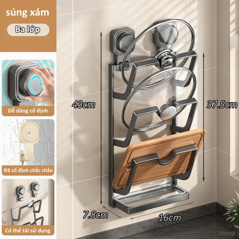 Giá đỡ nắp nồi treo tường không khoan chất liệu ABS chống trượt lắp đặt nhanh giữ bếp gọn màu trắng