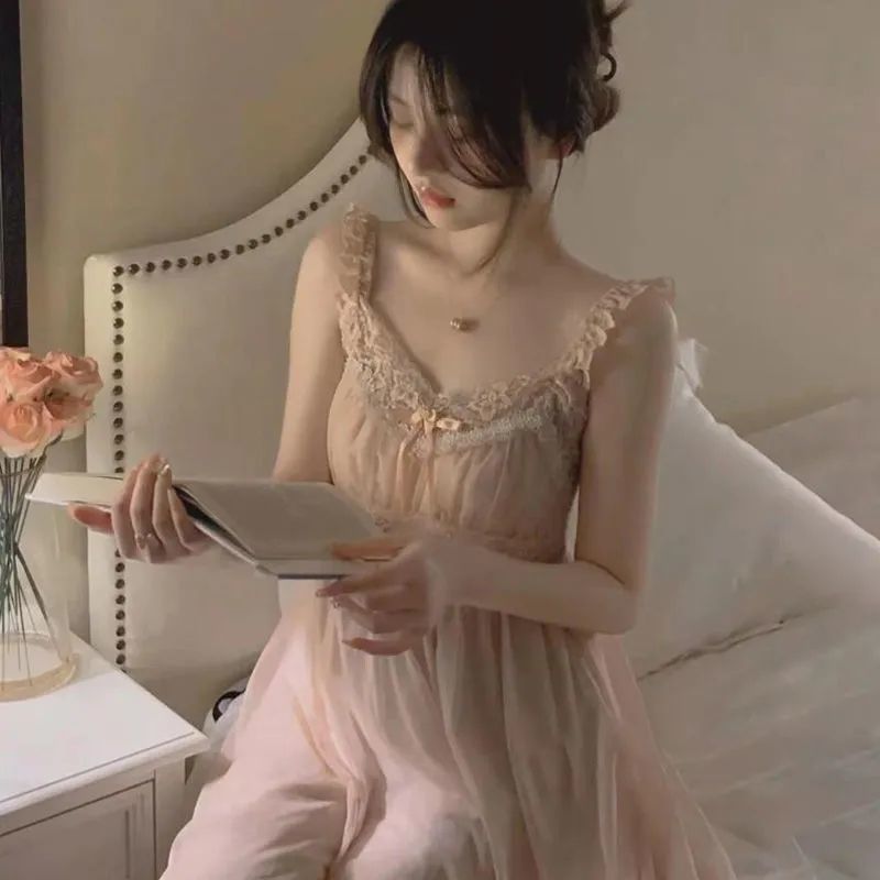 Đầm ngủ nữ mới, tay ngắn, ren lưới, có đệm ngực, phong cách công chúa dễ thương và ngọt ngào,hợp mặc ở nhà