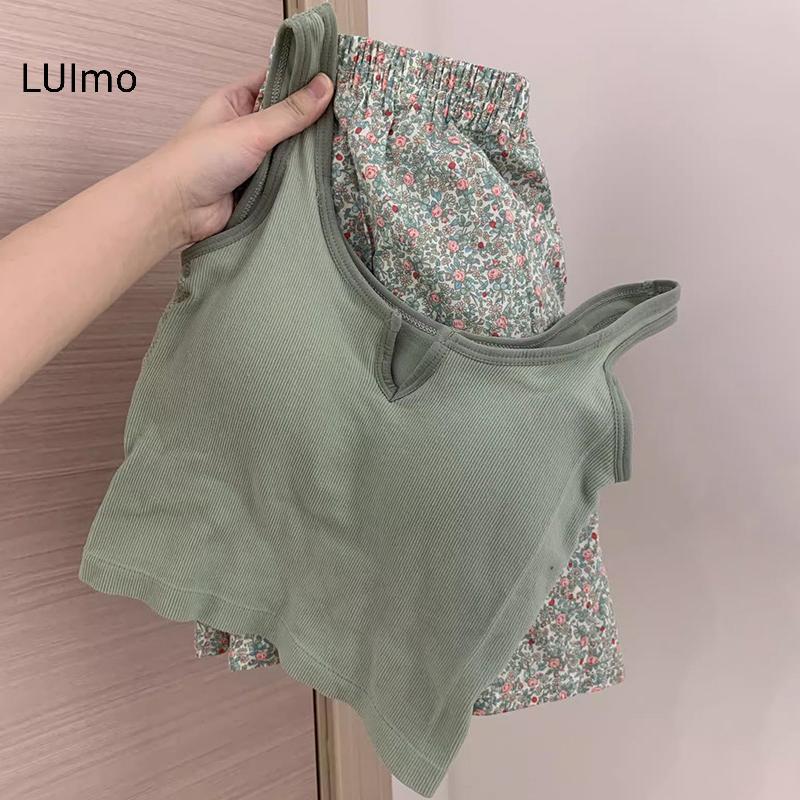 LUImo Hoa Co Giãn Eo Pyjama Vest Có Đệm Ngực Pyjama Quần Nhà Quần Mùa Hè Bộ Dành Cho Nữ SBS
