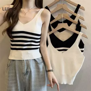 LUImo Áo Vest Dệt Kim Sọc Trắng Mùa Hè Cho Nữ Thanh Lịch Không Tay V-ne Ngắn Áo Thời Trang Ngày Lễ Quần Áo SBS