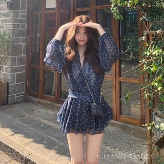[Giảm giá 10% trong thời gian có hạn] Seckill Phong cách phương Tây Plus Size Váy voan dài tay cổ chữ V hoa dành cho nữ Váy ngắn tay cổ chữ V cổ chữ V hoa dành cho nữ