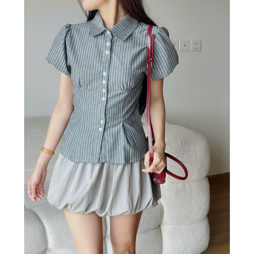 Áo kiểu babydoll kẻ chiết eo  - Sam Botique