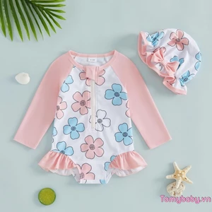 Bộ đồ bơi bé gái tập đi Hoa nửa khóa kéo dài tay Rash Guard Bộ đồ tắm có mũ chống nắng