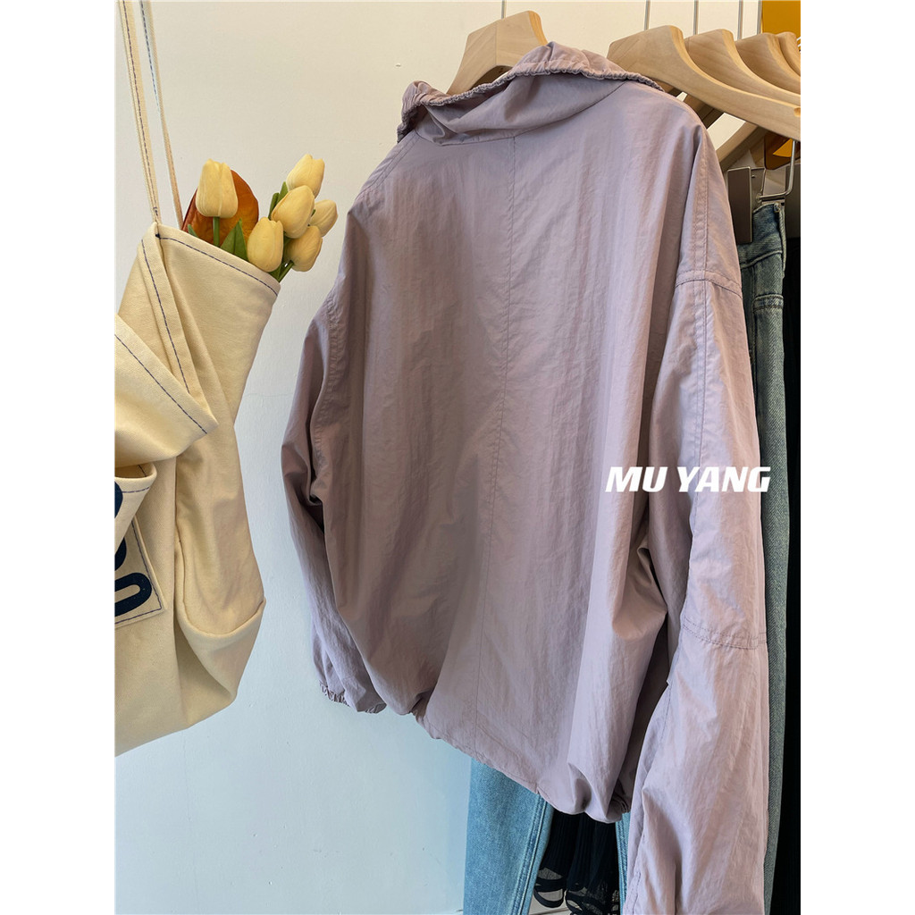 Áo khoác cổ đứng thêu cho nữ, vừa vặn, nhẹ với dây rút và dây kéo, phù hợp chống nắng