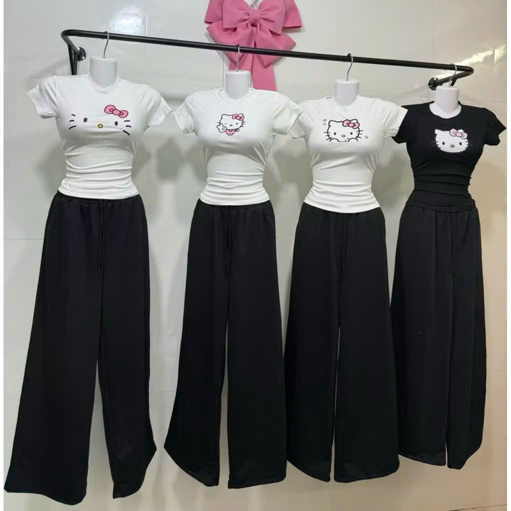 sét Bộ quần dài  cạp chun đen +kết hợp áo thun CROPTOP mèo đơn giản-thoitrangthubio