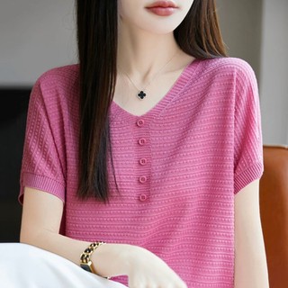 Áo len cổ chữ V tay ngắn nữ, phiên bản Hàn Quốc, phù hợp mùa hè