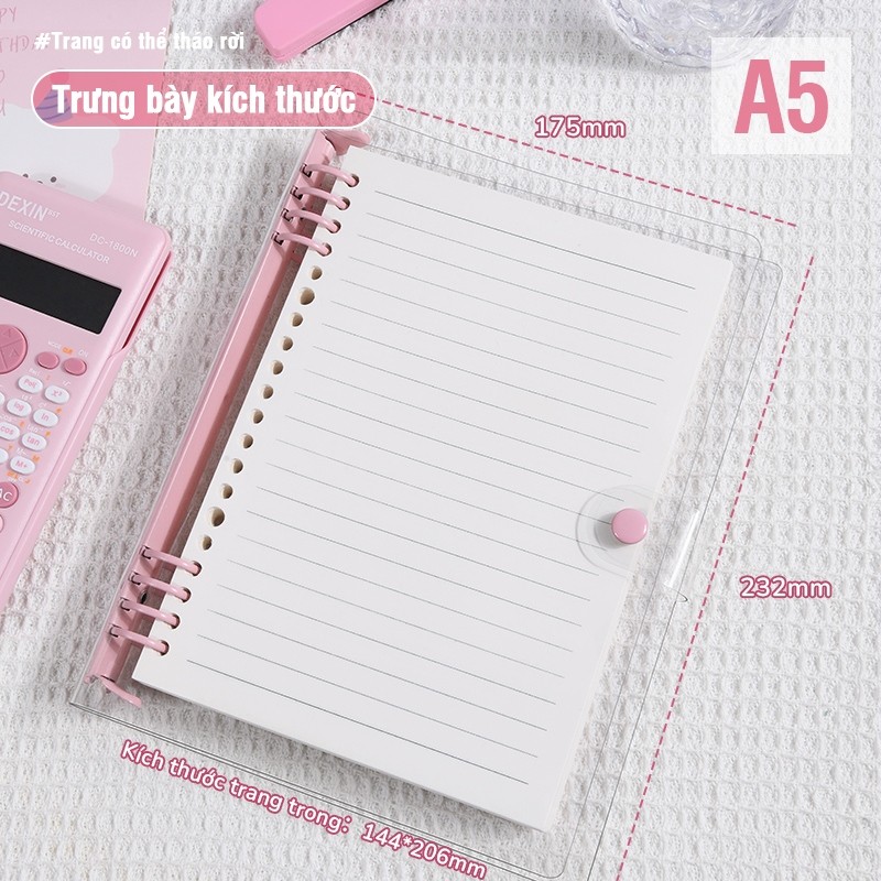Sổ còng A5 bìa trong suốt PVC, vở kẻ ngang thay giấy linh hoạt tặng sticker decor tiện lợi