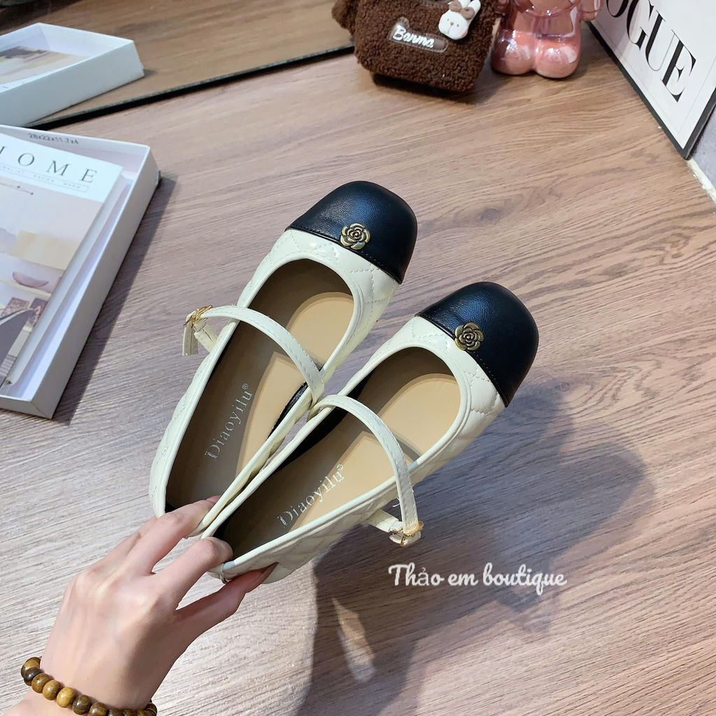 [Thảo Em - BB03 ] Giày bệt búp bê da trám nữ quai ngang đính hoa trà bánh bèo [Mã Mới]