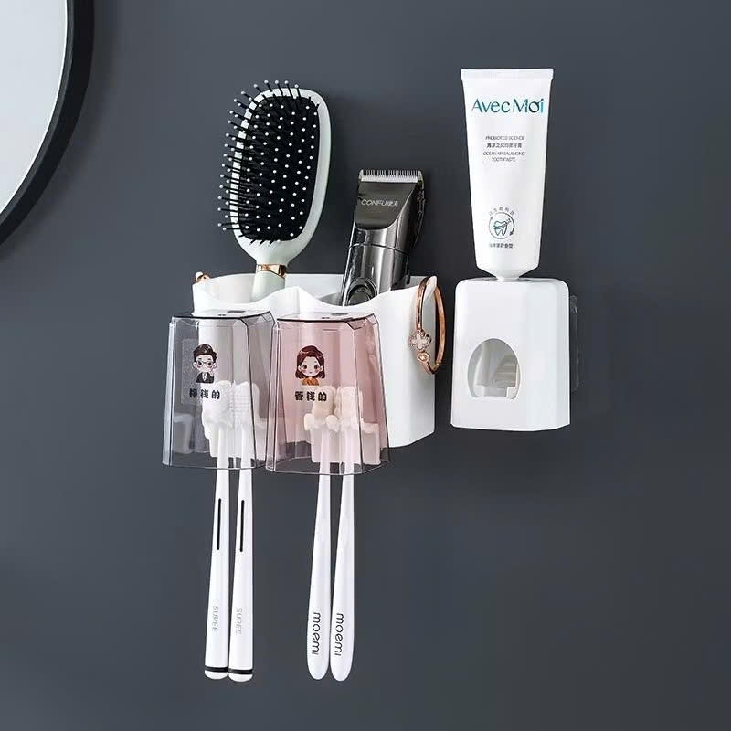 Bộ Nhả Kem Đánh Răng Tự Động- 4 cốc, Kệ Để Bàn Chải Kem Đánh Răng, Kệ để đồ phòng tắm đa năng lắp đặt dính tường kèm cốc