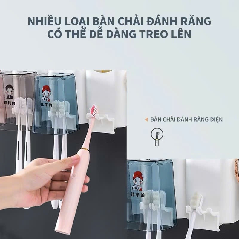 Bộ Nhả Kem Đánh Răng Tự Động- 4 cốc, Kệ Để Bàn Chải Kem Đánh Răng, Kệ để đồ phòng tắm đa năng lắp đặt dính tường kèm cốc