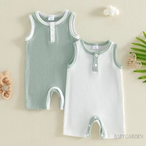 2 Cái / gói Bé Trai Mùa Hè Áo Liền Quần Thường Ngày Bề Mặt Họa Tiết Tương Phản Viền Nút Cổ Tròn Quần Áo Không Tay