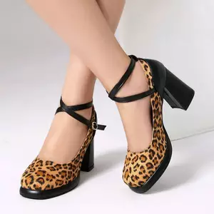 VNTMLH34-43 Kích Thước Lớn Thời Trang Da Báo In Ngón Chân Tròn Gót Dày Gợi Cảm Tất Cả Trận Đấu Giày Đơn Khâu Chữ Thập Dây Đeo Sau Dây Mary Jane Giày