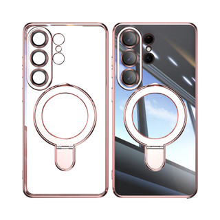 Giá đỡ mạ điện Vỏ điện thoại từ tính có màng ống kính thủy tinh cho Samsung Galaxy S26 S25 S24 Plus Ultra FE Edge Chống rơi Bảo vệ nút kim loại Vỏ đơn giản thời trang