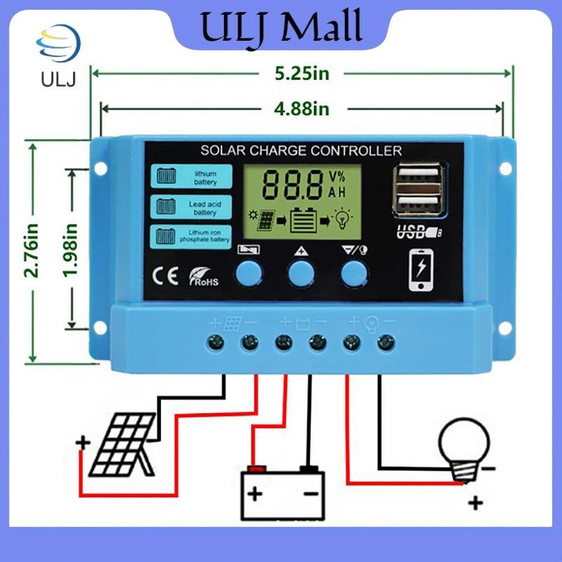 Bộ điều khiển sạc năng lượng mặt trời ULJ 30A 20A 10A 12V Bảng điều khiển năng lượng mặt trời tự động Bộ điều khiển LCD PV cho pin chì, USB kép.