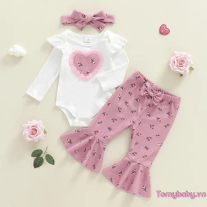 Bộ trang phục mùa thu cho bé gái Áo liền quần dài tay hình trái tim + Quần loe họa tiết hoa + Băng đô nơ Bộ 3 chiếc