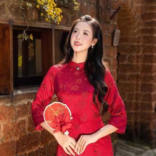 Áo dài AD274 - QD001 cách tân tay lỡ phối tà họa tiết hoa