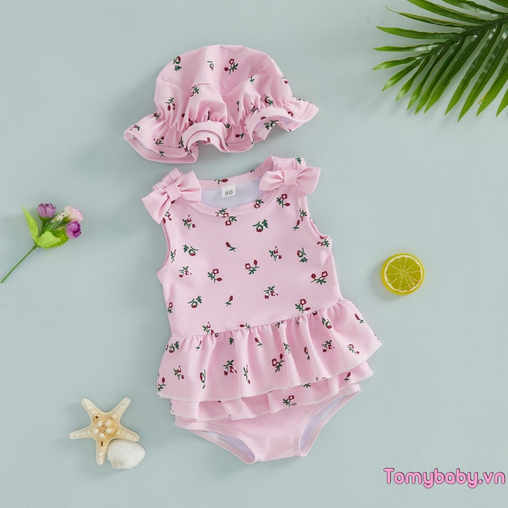 Đồ bơi bé gái mới biết đi Áo bơi xù không tay + Quần + Mũ chống nắng 3 chiếc Bộ đồ tắm trang phục