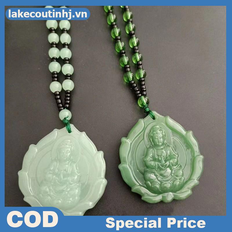 Mặt dây chuyền Phật Quan Âm làm từ ngọc xanh khắc tay, phù hợp làm bùa hộ mệnh và trang sức cho nữ