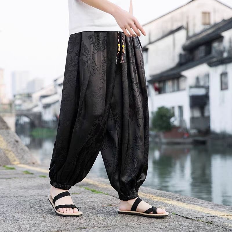 Quần harem dáng rộng họa tiết rồng Trung Quốc, thời trang cho nam