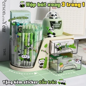 Hộp đựng bút để bàn học sinh xoay 360 tiện dụng, tặng sticker gấu trúc trang trí - Kệ đựng mỹ phẩm nhiều ngăn tiện lợi