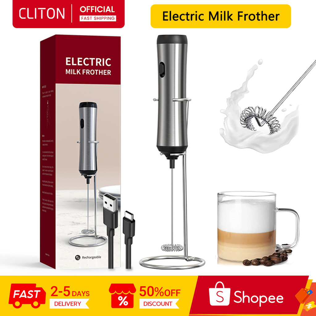 CLICTON Máy tạo bọt sữa điện bằng thép không gỉ có chân đế cấp thực phẩm cho cà phê Factpe Latte Matcha Sôcôla nóng