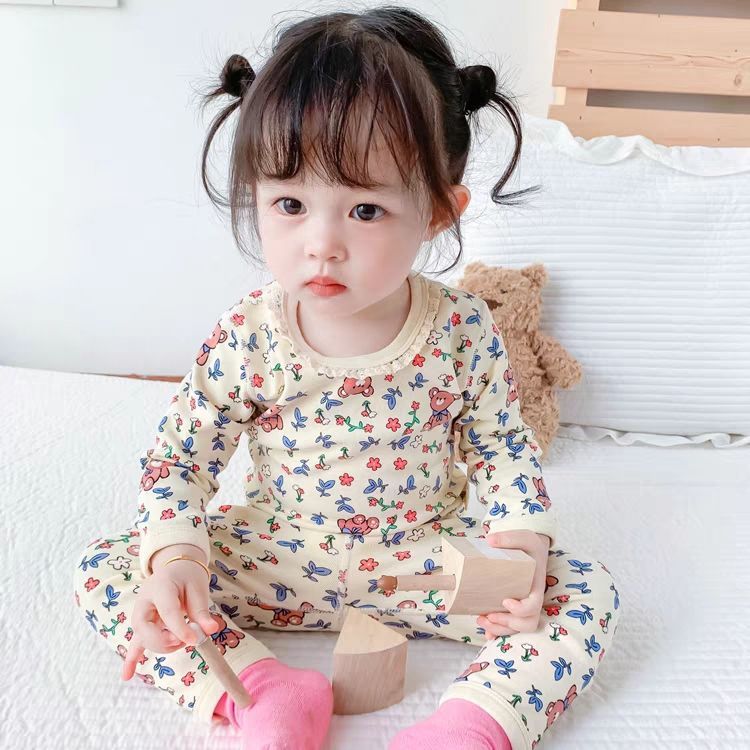 Bộ đồ mặc nhà cho bé gái Xuân Thu Đông Bộ đồ ấm áp hoa 80-140 Size 8V6F