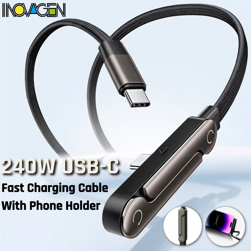 Cáp sạc nhanh bện INOVAGEN 240W có giá đỡ điện thoại tích hợp, dây USB-C bền có thể gập lại hình chữ T, cáp sạc giá đỡ vô hình có chân đế
