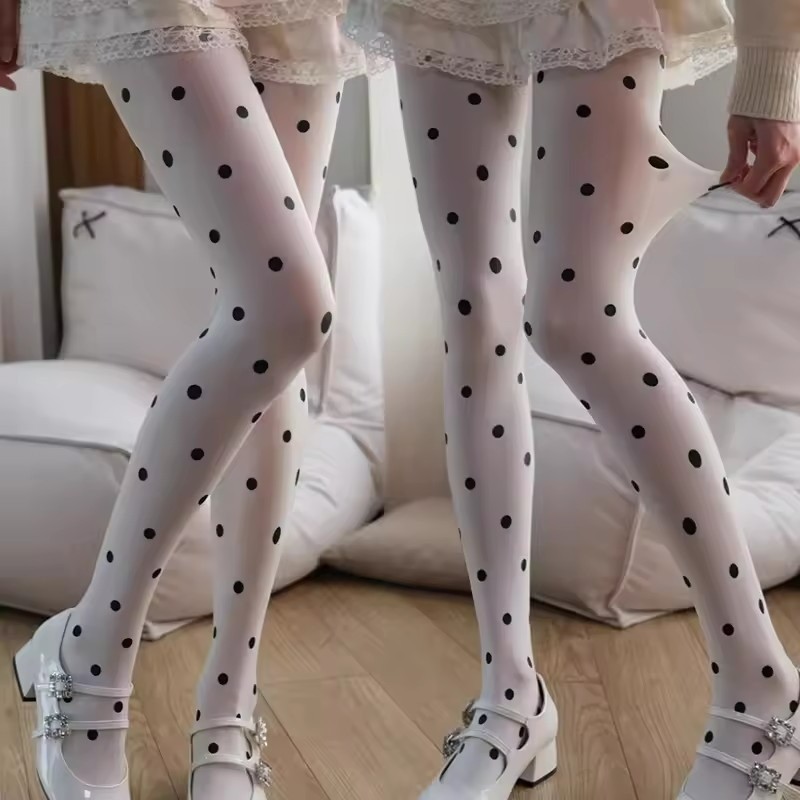 Quần Legging Sheer Phong Cách Y2K Cho Bé Gái, Chấm Bi Trắng Trên Nền Đen, Co Dãn Tốt