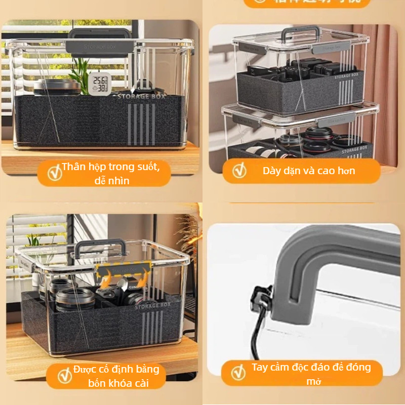 Hộp Chống Ẩm Trong Suốt - Full Phụ Kiện (Ẩm Kế *1+Hút Ẩm *5), Lót Chống Sốc, Bảo Vệ Máy Ảnh Tối Ưu