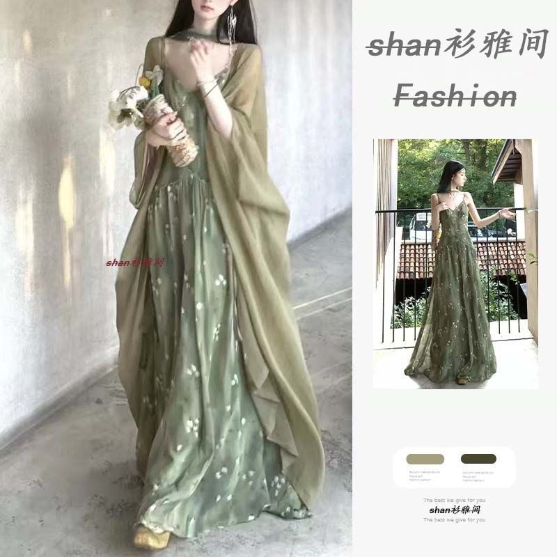 Đầm dài cổ chữ V sling vintage Mori, phù hợp cho kỳ nghỉ và bảo vệ khỏi ánh mặt trời